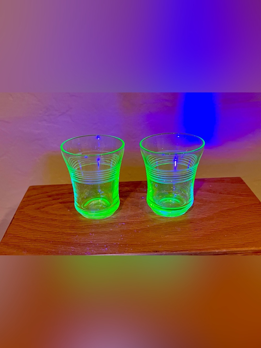 1930’s Vintage Uranium Glass- Set of 2- Anchor Hocking Banded Shot Glasses